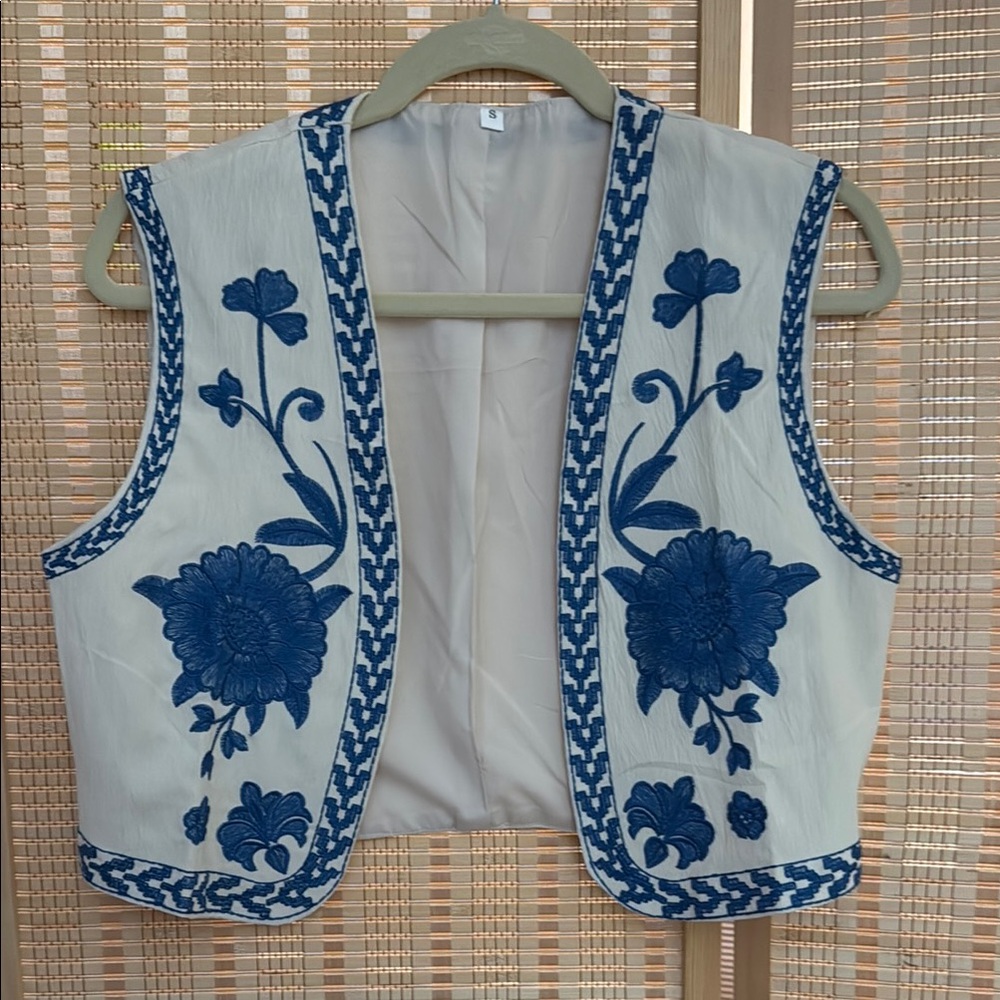 Embroidered Blue and White Women's Top